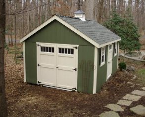 Green Gable Shed with White Doors